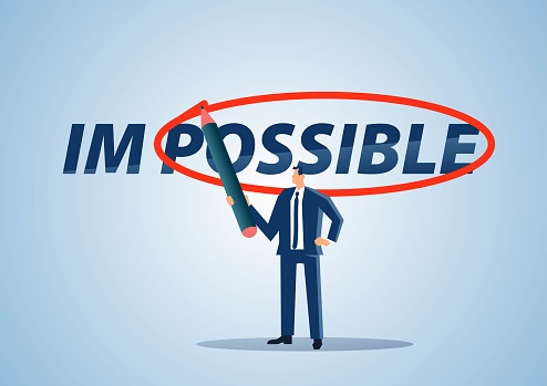 Make the impossible possible, challenge difficulties and setbacks and achieve success, businessman circles letter possible from letters impossible with red marker pen, corporate culture and business concept illustration