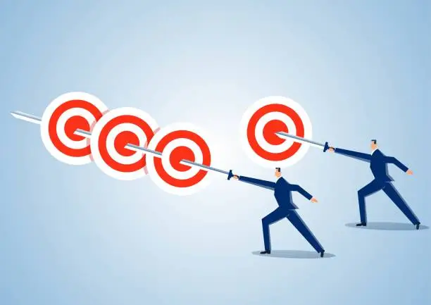Vector illustration of A businessman hits three targets with a long sword, another businessman can only hit one target with a short sword. If you want to do good work, you must first sharpen your weapon.