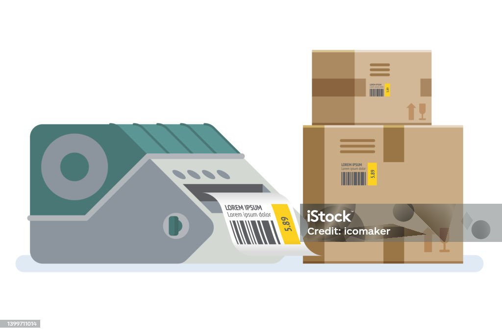 Label Printer With Boxes Packaging Boxes Marked With A Bar Code Stock ...