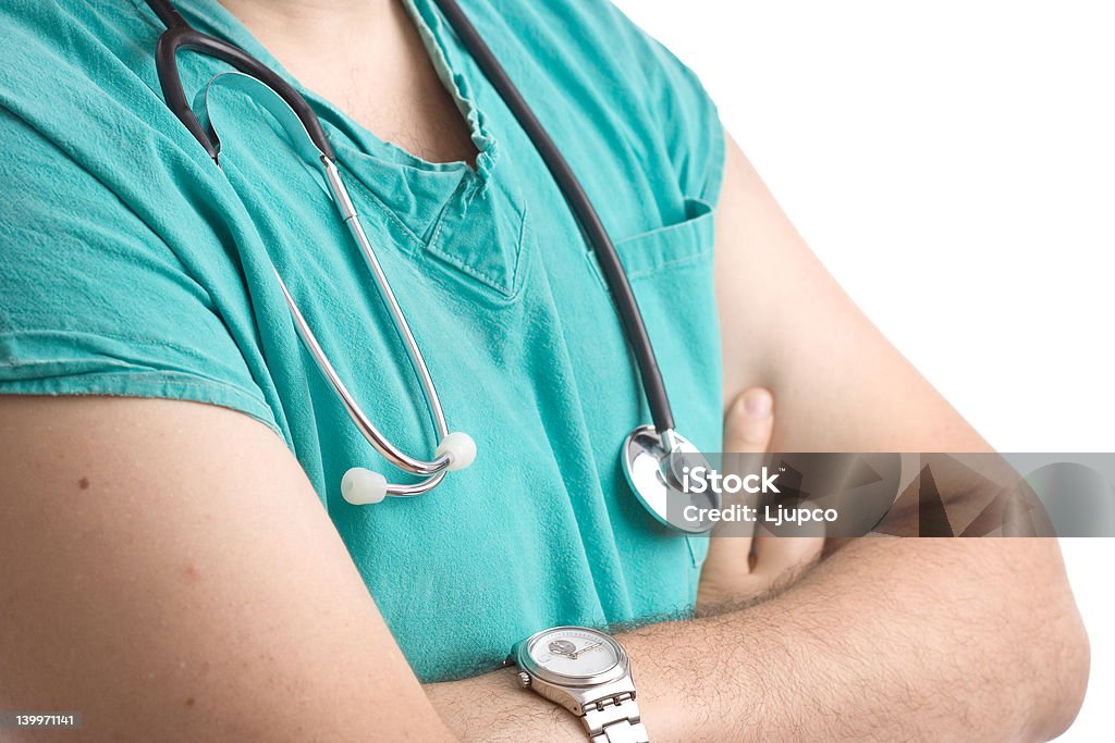 Hospital doctor Hospital doctor against white background Adult Stock Photo