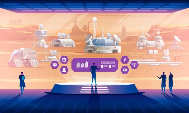 Vector illustration of Mars colonization. Interior of the space base with view on mars settlement.