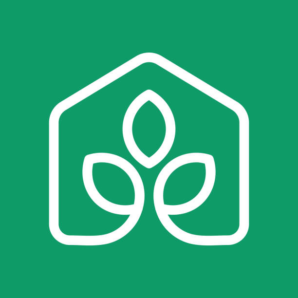 ikona linii liści domu na zielonym tle. pomysł na lotosowe studio jogi. - leaf green backgrounds flower stock illustrations