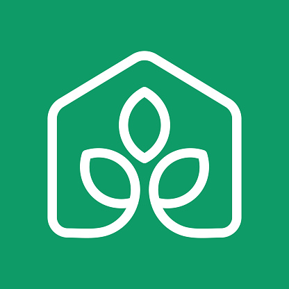 Plant home symbol. Eco building sign. Logo template. Environmental friendly construction industry. Vector illustration, flat, clip art