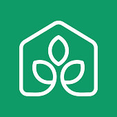 istock House leaf line icon on green background. Yoga studio lotus idea. 1399714317