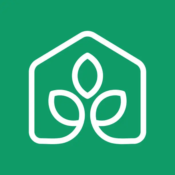 Vector illustration of House leaf line icon on green background. Yoga studio lotus idea.