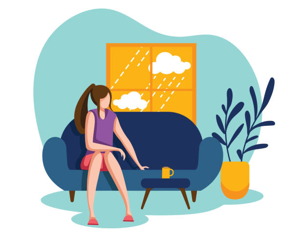 ilustrações de stock, clip art, desenhos animados e ícones de a girl sitting on the sofa on a boring day - weather cloud window rain