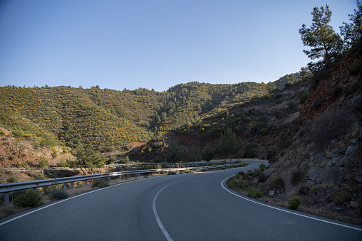 View down road center along curving, angled road surface with forested mountainside under clear blue sky. Photo taken in NW Cyprus in Paphos forest. Nikon D750 with Nikon 24-70mm ED VR zoom lens