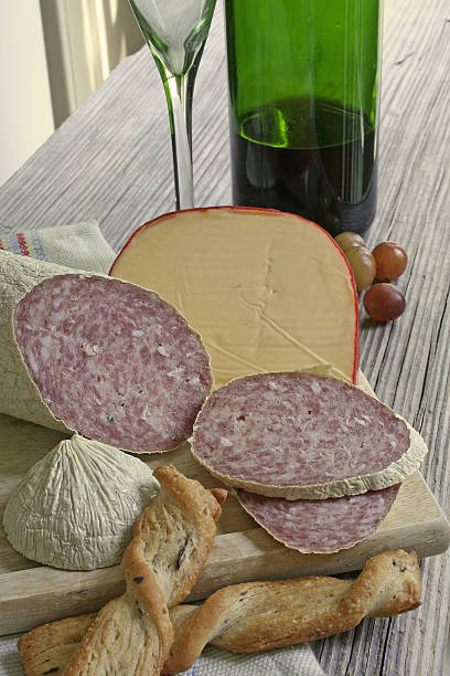 salami, cheese, bread sticks stock photo