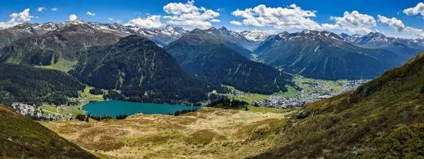 Davos highest city in Europe. Beautiful view of Lake Davos and Davos. Spring time in the mountains. mountain landscape