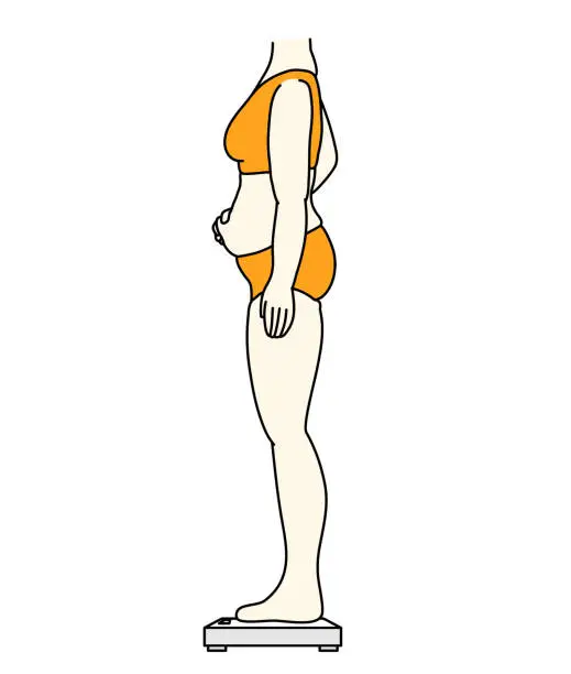 Vector illustration of This is an illustration of a woman getting on the scale and worrying about her flabby belly.