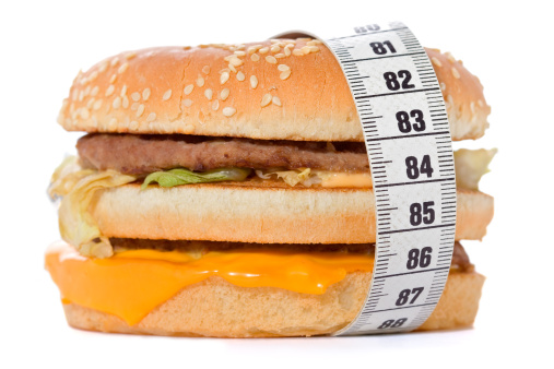 Hamburger wrapped around a measurement tape against white background