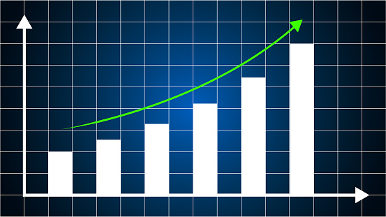 2023 growth chart and Bull's eye target and pedestal podium platform on the colored background