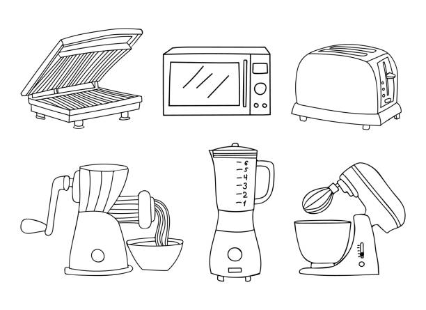 ilustrações de stock, clip art, desenhos animados e ícones de doodle kitchen electric appliances collection in vector. hand drawn kitchen appliances set in vector. electric cooking appliances illustrations in vector - torradeira