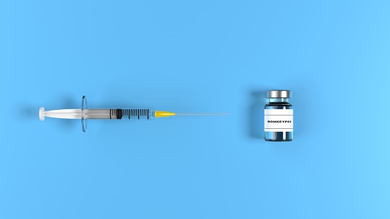 Monkeypox vaccine and syringe on blue background. Monkeypox vaccination, flu prevention, immunization concept. Vial dose and medical syringe. Easy to crop for all social media and print design sizes.