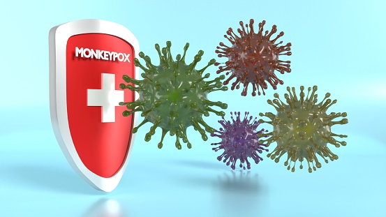 Viruses are attaching but stopped by a medical shield against blue background. Easy to crop for all social media and print design sizes.