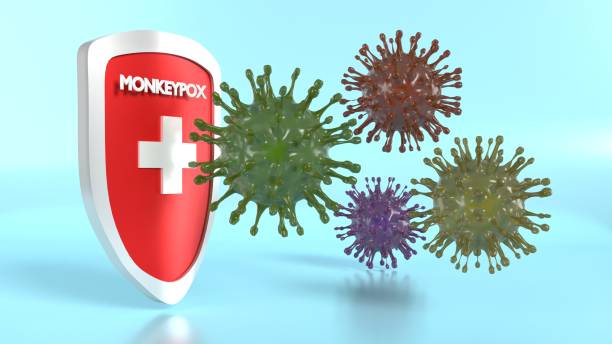 monkeypox viruses are guearding by medical shield on blue background - immune defence fotos imagens e fotografias de stock