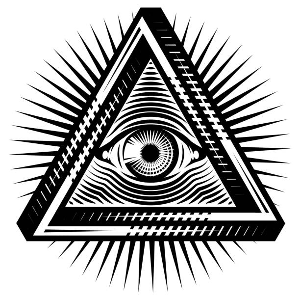 All-seeing eye of God. Sacred symbol in a stylized triangle against the background of diverging rays. Vector monochrome illustration All-seeing eye of God. Sacred symbol in a stylized triangle against the background of diverging rays. Vector monochrome illustration. providence stock illustrations