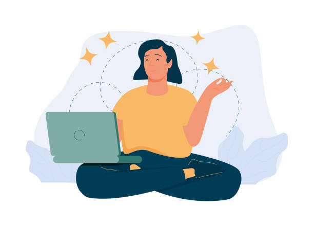 spokojna kobieta biznesu. bizneswoman medytująca i relaksująca się w pozycji lotosu medytacja i joga w hałaśliwym biurze. - characters concentration relaxation happiness stock illustrations