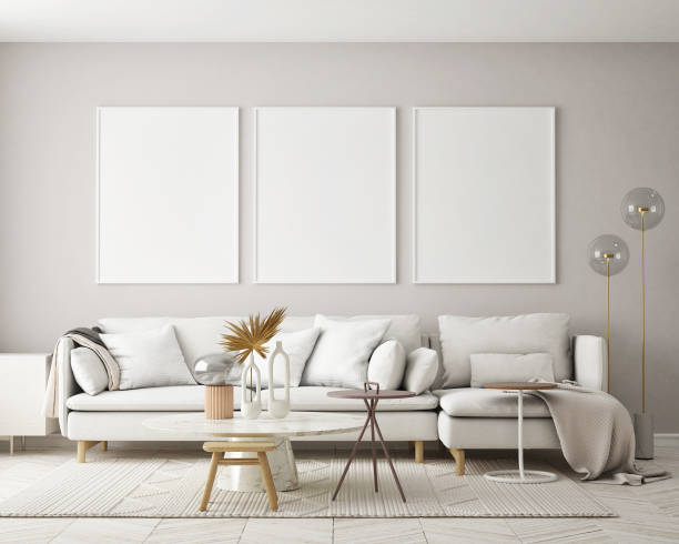 istock mock up poster frame in modern interior background, living room, Scandinavian style, 3D render, 3D illustration 1399728811