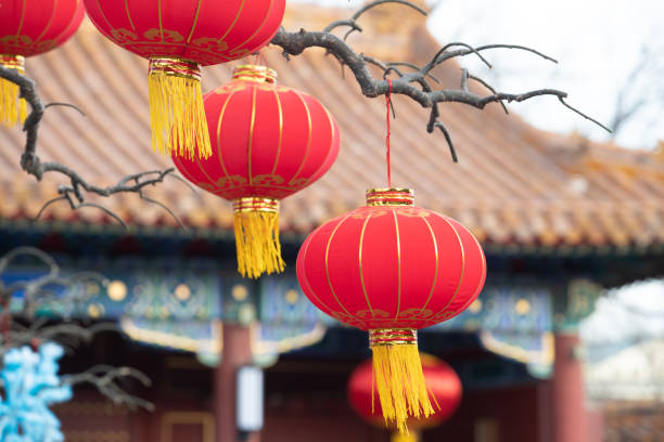istock Red Chinese lanterns hanging on trees in a park 1399729506