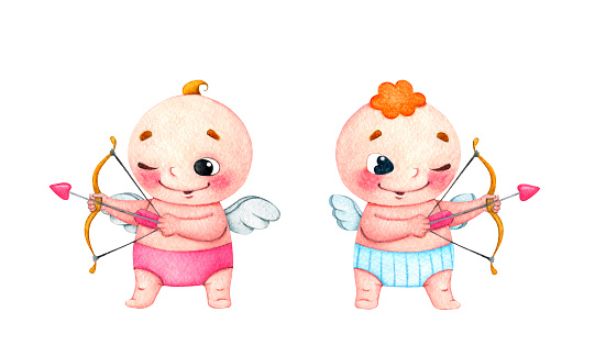 Cute cupids shooting arrows in cartoon style. Watercolor illustration isolated on a white background.