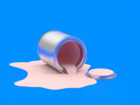 Open metal can with spilled pink paint on a blue background. 3D illustration