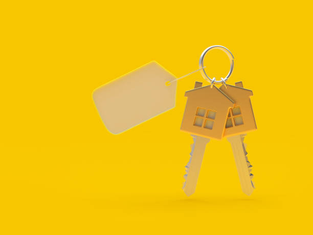 istock Set of golden house keys with empty tag. 3d 1399731091