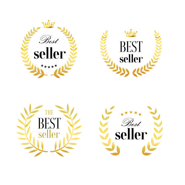 set von abzeichen bestseller logo designs mit goldfarbenem logo-design mit lorbeerkranz - bestseller stock-grafiken, -clipart, -cartoons und -symbole