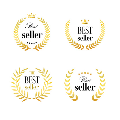 Set of badge best seller logo designs with gold colored logo design with laurel wreath