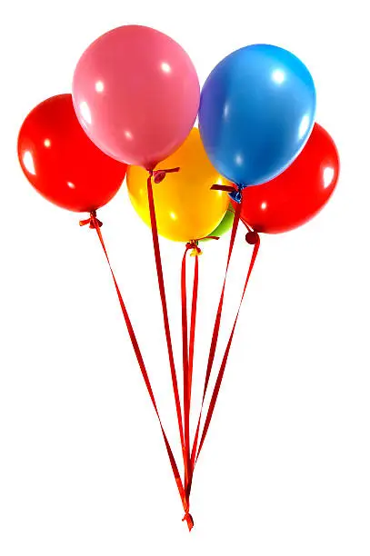 five multi-colored balloons with red ties isolated on white