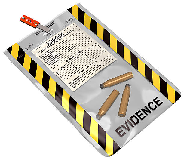 Evidence Bag 3D illustration on white, of an evidence bag containing three bullet casings. Illustration not based on any specific make of bag. evidence bag stock pictures, royalty-free photos & images