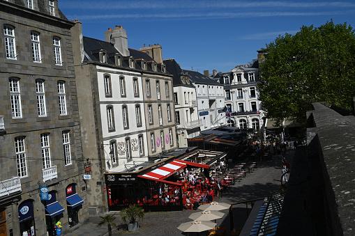 Saint-Malo, France, May 11, 2022: Saint-Malo with its Place Chateaubriand with its cafes and restaurants