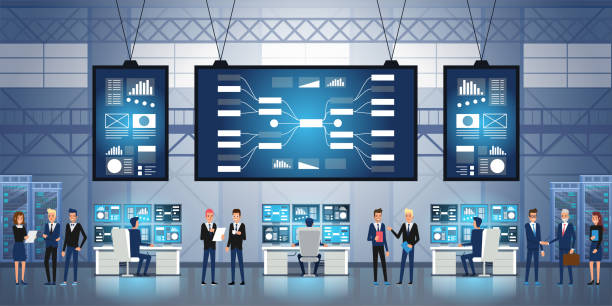 IT technology control center People working and managing IT technology control center. System Control Center Full of Monitors and Servers. Vector illustration control room stock illustrations
