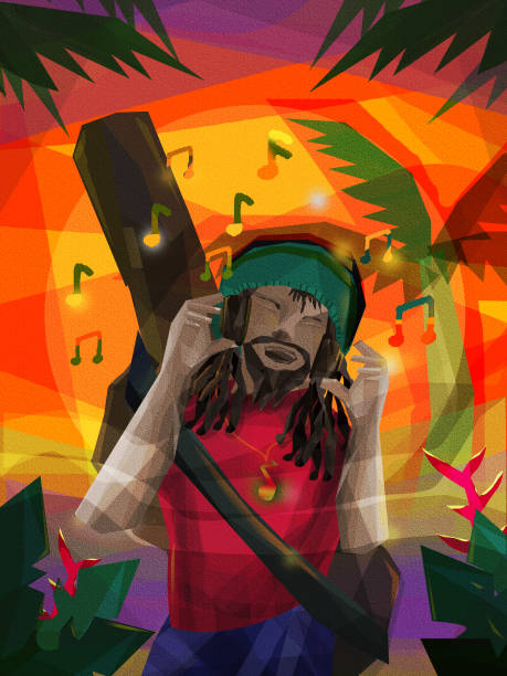 A Rastafari Musician listening music from his headphone. Digital Art. Digital art of a Rastafari Musician listening music from his headphone. tam o'shanter stock illustrations