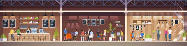 Vector illustration of Modern Cafe with young people. Interior Restaurant. Creative Office Coworking Center. University Campus. Modern Workplace. Coffee shop with bar counter, table and chairs. Vector Illustration