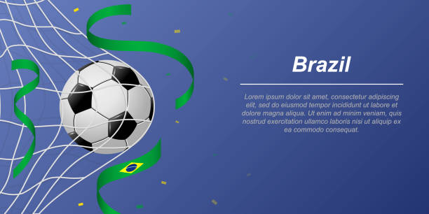 Soccer background with flying ribbons in colors of the flag of Brazil Soccer background with flying ribbons in colors of the flag of Brazil. Realistic soccer ball in goal net. lineup stock illustrations