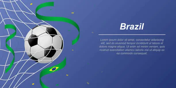 Vector illustration of Soccer background with flying ribbons in colors of the flag of Brazil