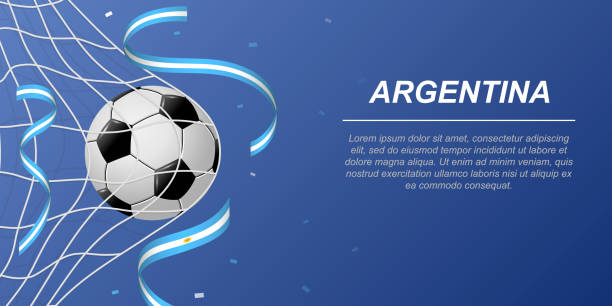 Soccer background with flying ribbons in colors of the flag of Argentina Soccer background with flying ribbons in colors of the flag of Argentina. Realistic soccer ball in goal net. argentina stock illustrations