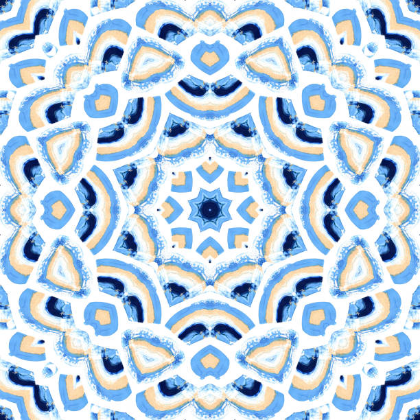 istock Blue acrylic and golden smears seamless pattern on white background. Kaleidoscope geometric mandala 1399740954