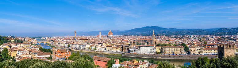 High angle view of Florence as seen from the Piazzale Michelangelo (Michelangelo Square), a large square famous for its panoramic view of the city (6 shots stitched)