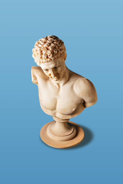 istock Top view of old statue on light blue background. Minimal art concept. 1399743013