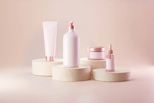 istock Cosmetics white packaging set and pink serum and moisturizer mock-up 3d illustration 1399744470