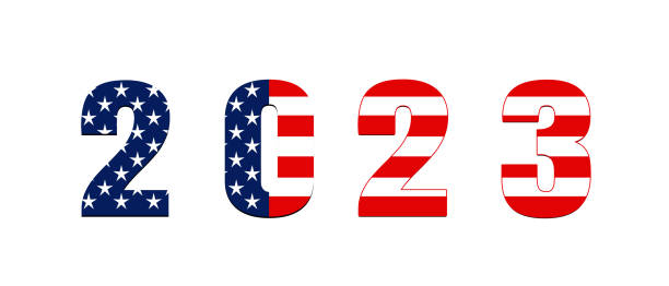 istock Happy new year 2023 in America. 2023 with american flag pattern isolated on white background.Illustration. 1399745900