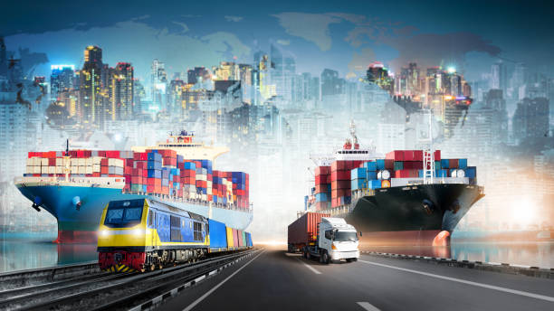 istock Global business logistics import export of container cargo ship and freight train with red container truck on highway at city background, Transportation industry concept, Depth blur effect 1399745960
