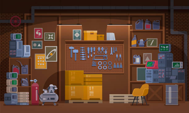 Basement Workshop vector Illustration. Garage or Cellar Indoor Storehouse Basement Workshop vector Illustration. Garage or Cellar Indoor Storehouse with Mechanic Equipment Set. Stockroom or Carpentry Workplace with Shelves, Table, Furniture. Storage Interior. mechanic workshop stock illustrations