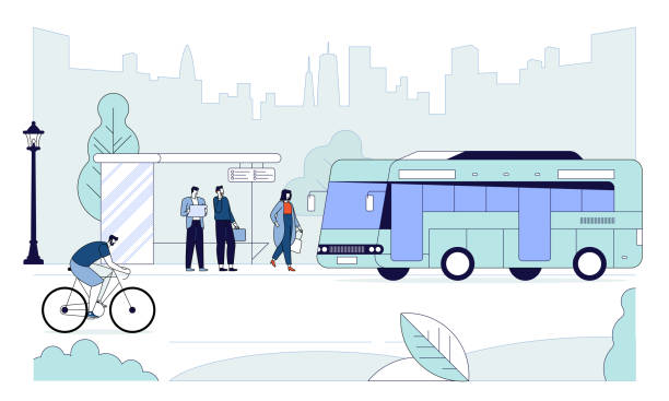 ilustraciones, imágenes clip art, dibujos animados e iconos de stock de parada de autobús ilustración vectorial plana - on the move