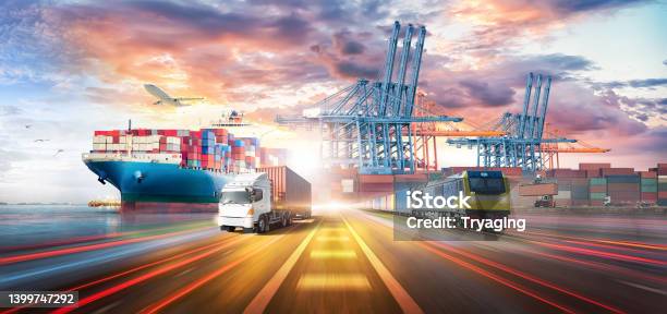 Logistics Transportation Import Export And Container Cargo Freight Ship Freight Train Cargo Airplane Container Truck On Highway At Industrial Port Dock Yard Background Handlers Global Business Stock Photo - Download Image Now