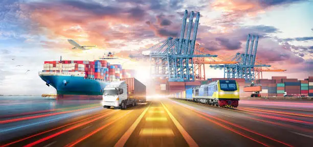 Logistics Transportation Import Export and Container Cargo Freight Ship, freight train, cargo airplane, container truck on highway at industrial port dock yard background, handlers, Global Business