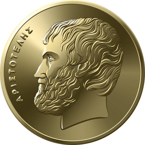 Greek gold coin 5 drachmas Aristotle vector obverse of Greek money, 5 drachmas coin with Aristotle profile aristotle stock illustrations