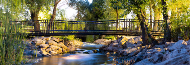 panorama dans le parc au coucher du soleil, un petit pont sur le ruisseau, des bancs de pierre. vitesse d’obturation longue - footpath autumn stone old photos et images de collection